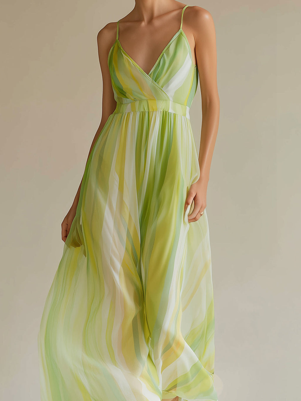 Chic Elegant Green Colorblock Chiffon Strappy V-Neck Sleeveless Elastic-Waist A-Line Maxi Dress