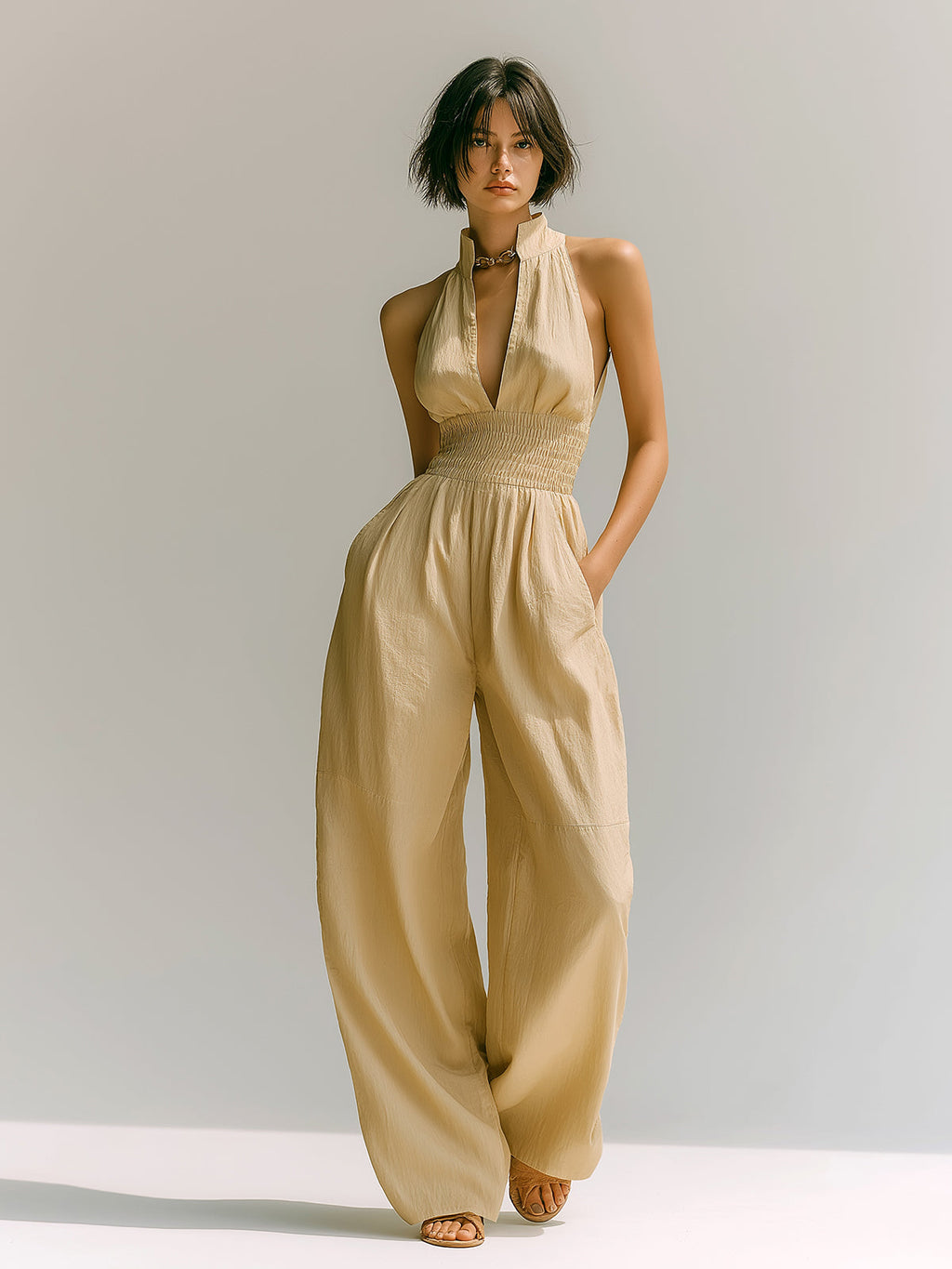 Chic Casual Light Khaki Cotton Blend Stand Collar V-Neck Sleeveless Elastic-Waist Wide-Leg Jumpsuit