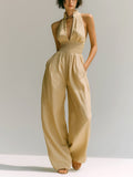 Chic Casual Light Khaki Cotton Blend Stand Collar V-Neck Sleeveless Elastic-Waist Wide-Leg Jumpsuit