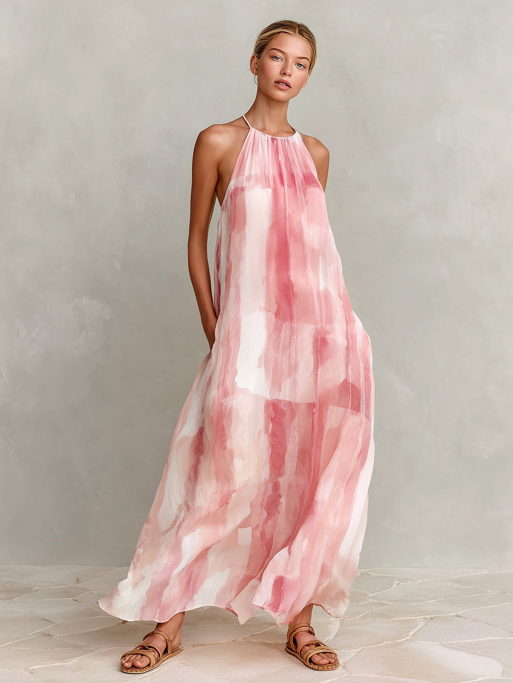 Chic Elegant Pink-White Chiffon Tie-Dye Print Halter-Neck Sleeveless A-Line Loose-Fit Maxi Dress