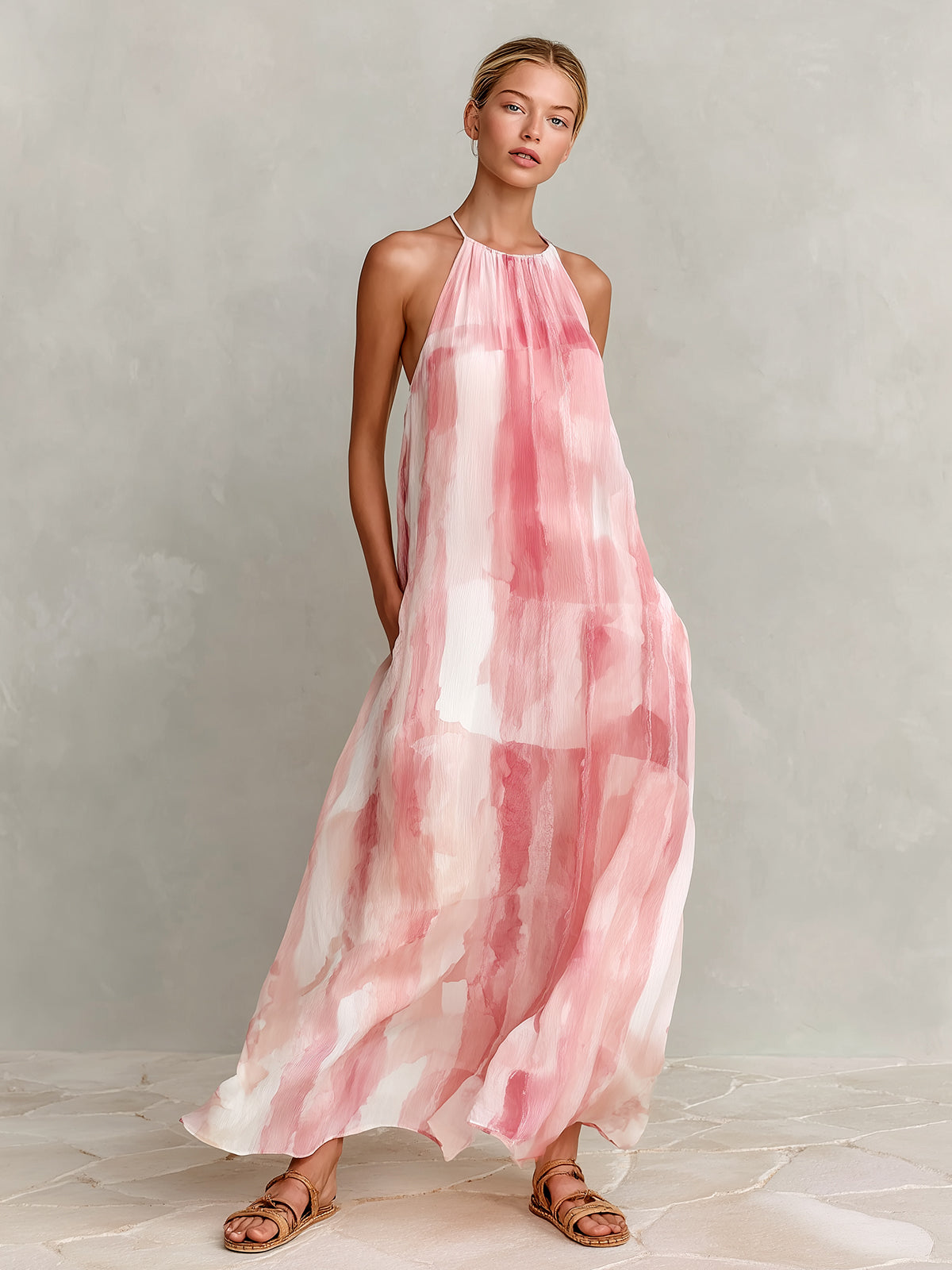Chic Elegant Pink-White Chiffon Tie-Dye Print Halter-Neck Sleeveless A-Line Loose-Fit Maxi Dress