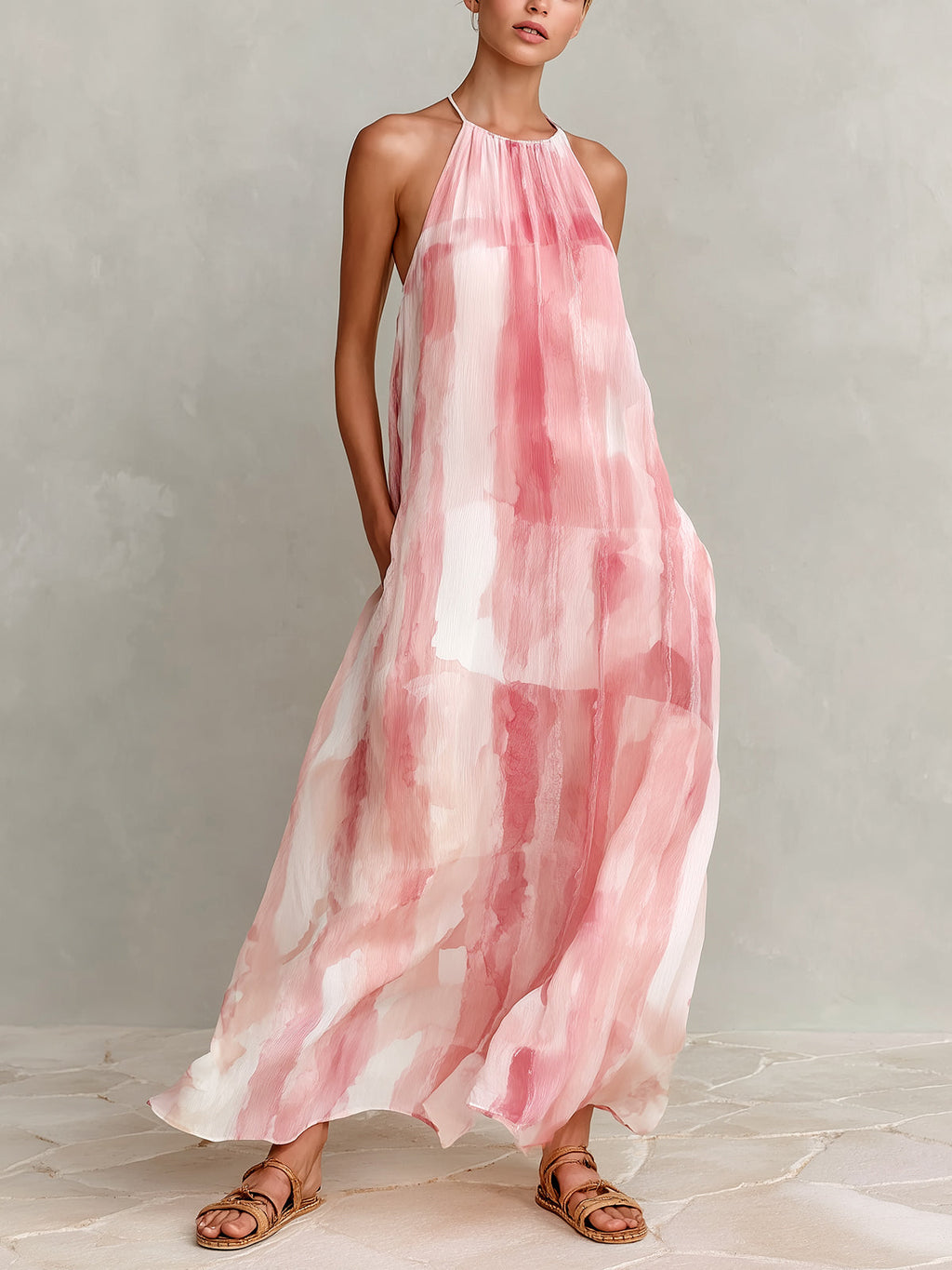 Chic Elegant Pink-White Chiffon Tie-Dye Print Halter-Neck Sleeveless A-Line Loose-Fit Maxi Dress
