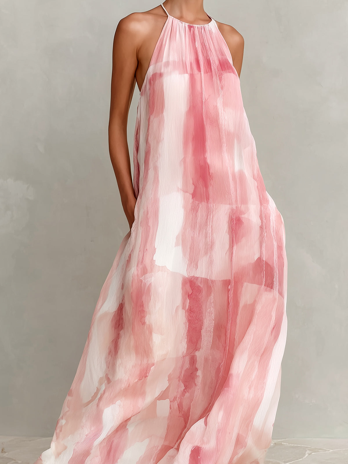 Chic Elegant Pink-White Chiffon Tie-Dye Print Halter-Neck Sleeveless A-Line Loose-Fit Maxi Dress