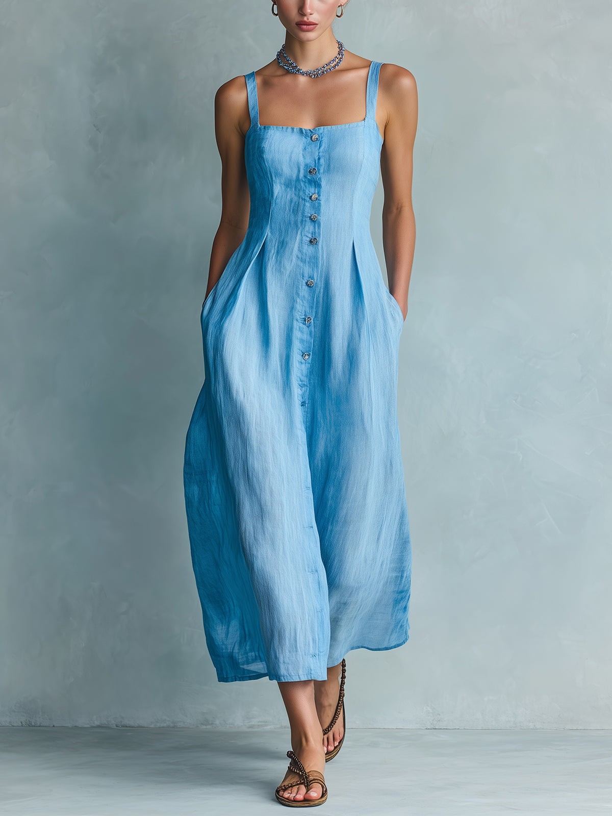 Chic Elegant Blue Cotton-Linen Blend Strappy Square-Neck Sleeveless Single-Breasted Tailored-Waist Midi Dress