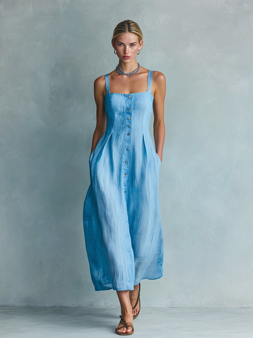 Chic Elegant Blue Cotton-Linen Blend Strappy Square-Neck Sleeveless Single-Breasted Tailored-Waist Midi Dress