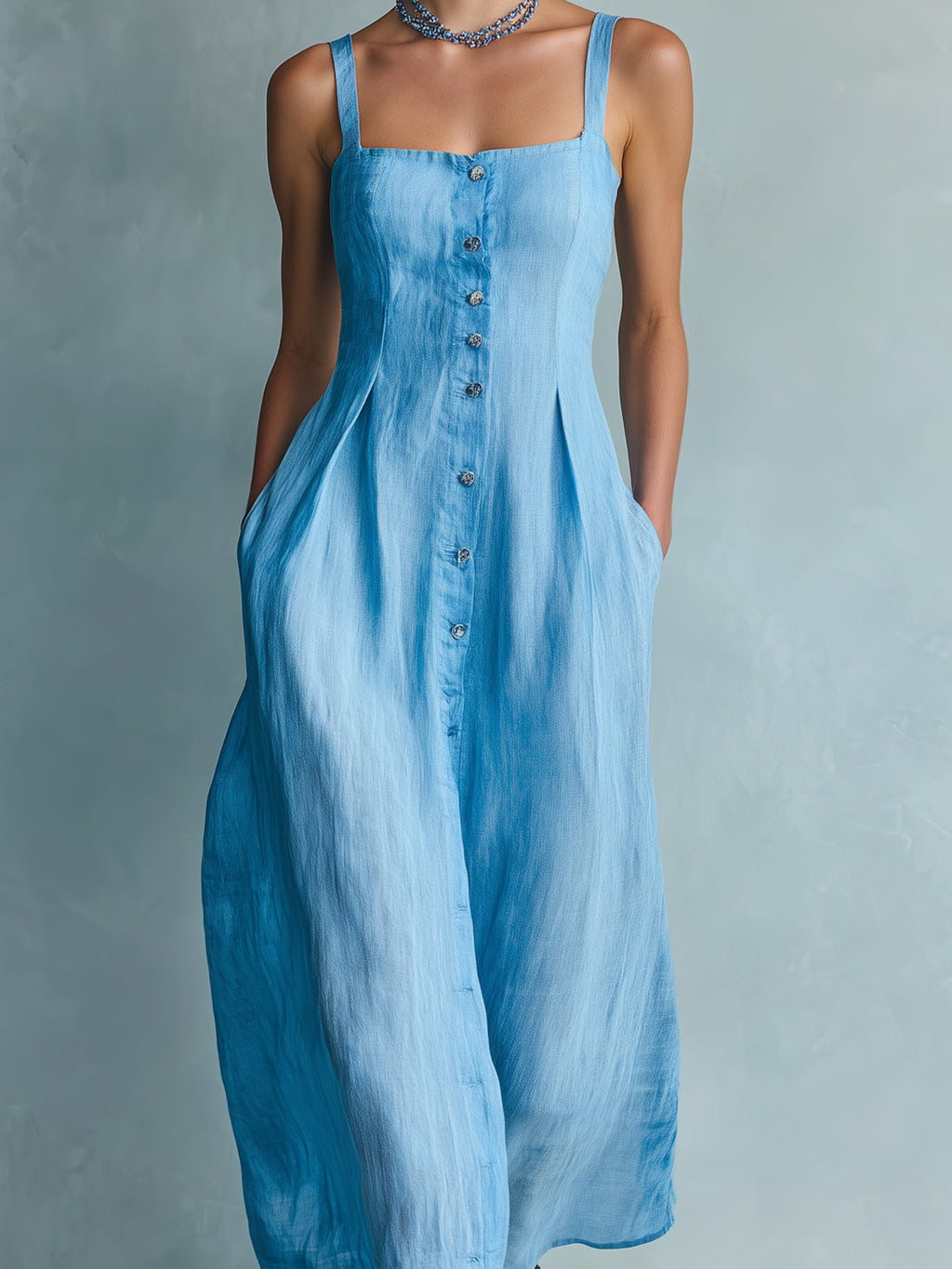 Chic Elegant Blue Cotton-Linen Blend Strappy Square-Neck Sleeveless Single-Breasted Tailored-Waist Midi Dress