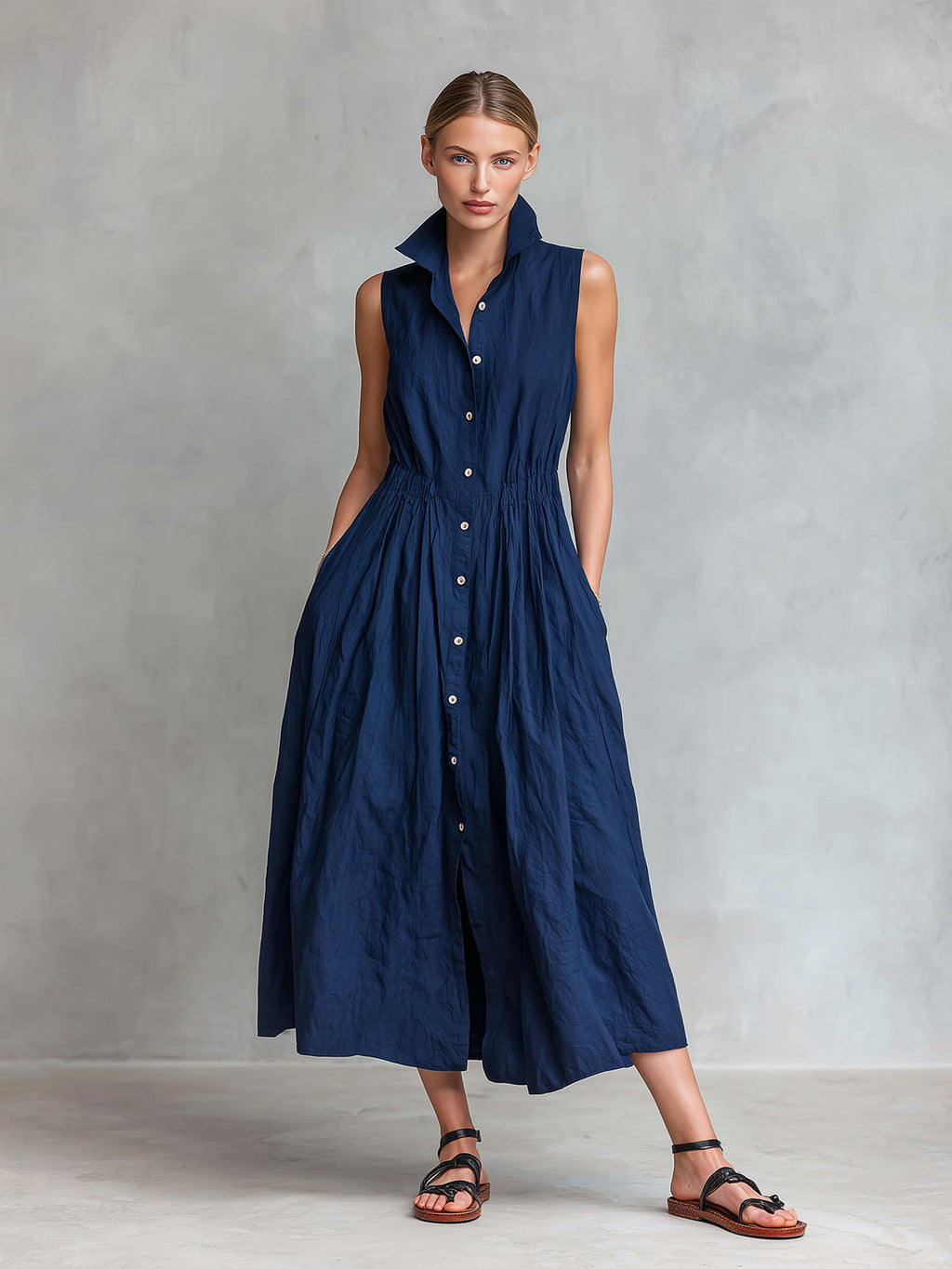 Chic Elegant Navy Blue Cotton-Linen Blend Lapel-Collar Sleeveless Single-Breasted Elastic-Waist Midi Dress
