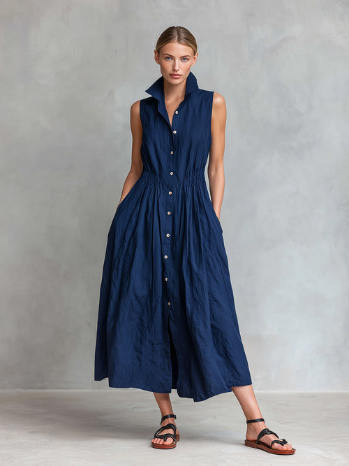 Chic Elegant Navy Blue Cotton-Linen Blend Lapel-Collar Sleeveless Single-Breasted Elastic-Waist Midi Dress