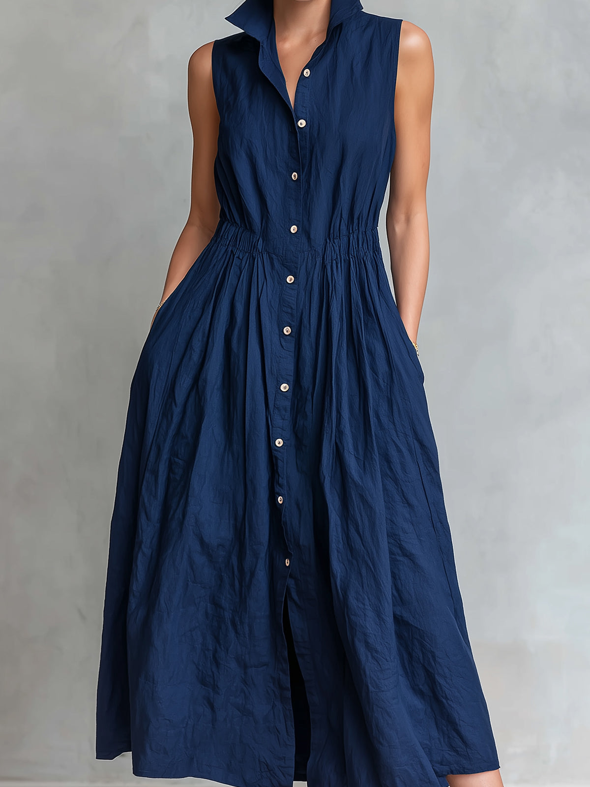 Chic Elegant Navy Blue Cotton-Linen Blend Lapel-Collar Sleeveless Single-Breasted Elastic-Waist Midi Dress