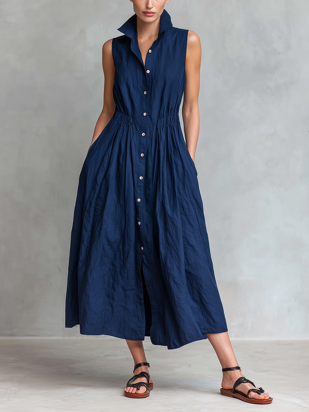 Chic Elegant Navy Blue Cotton-Linen Blend Lapel-Collar Sleeveless Single-Breasted Elastic-Waist Midi Dress
