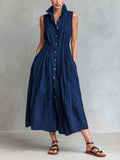 Chic Elegant Navy Blue Cotton-Linen Blend Lapel-Collar Sleeveless Single-Breasted Elastic-Waist Midi Dress