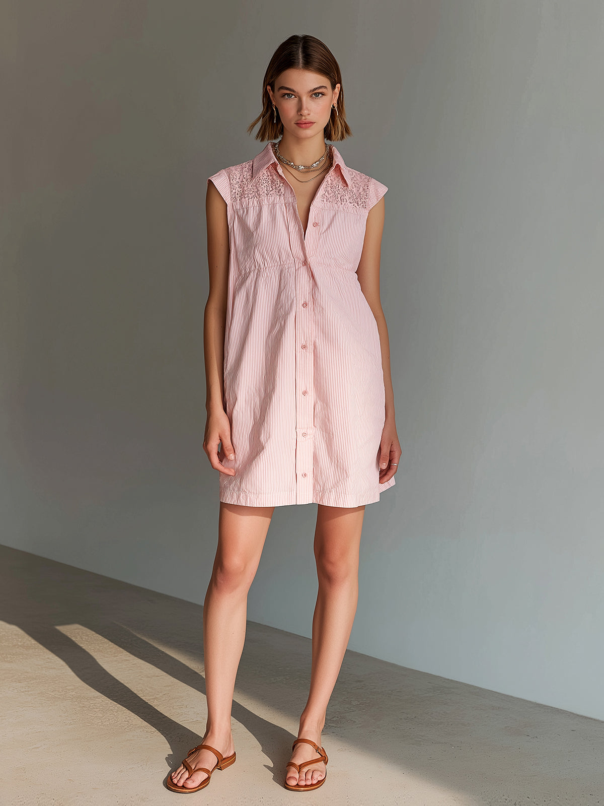 Chic Elegant Pink-White Cotton-Linen Pinstripe Lapel-Collar Sleeveless Single-Breasted Lace Detail A-Line Mini Dress