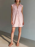 Chic Elegant Pink-White Cotton-Linen Pinstripe Lapel-Collar Sleeveless Single-Breasted Lace Detail A-Line Mini Dress