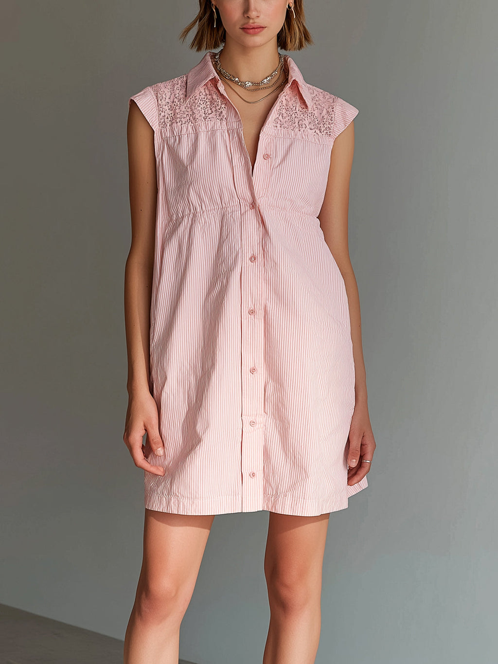Chic Elegant Pink-White Cotton-Linen Pinstripe Lapel-Collar Sleeveless Single-Breasted Lace Detail A-Line Mini Dress