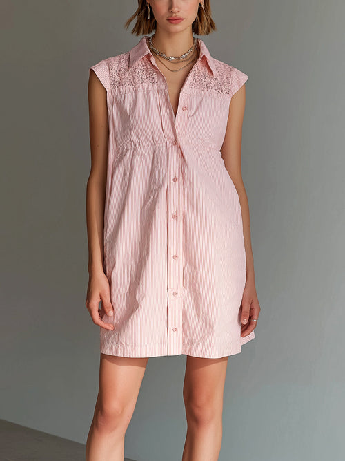 Chic Elegant Pink-White Cotton-Linen Pinstripe Lapel-Collar Sleeveless Single-Breasted Lace Detail A-Line Mini Dress