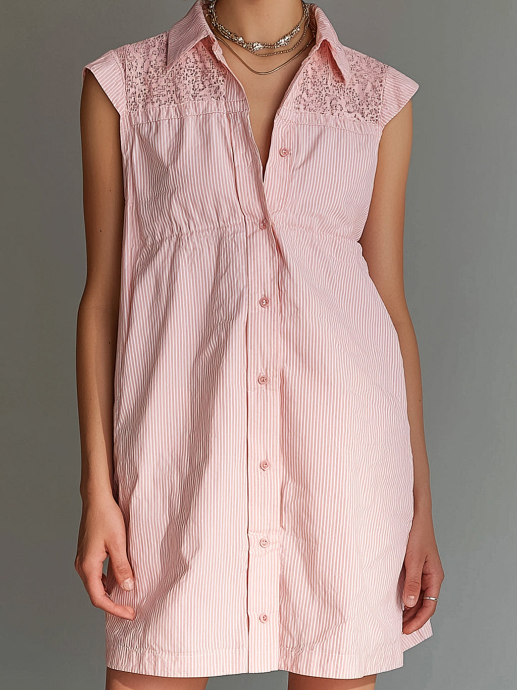 Chic Elegant Pink-White Cotton-Linen Pinstripe Lapel-Collar Sleeveless Single-Breasted Lace Detail A-Line Mini Dress
