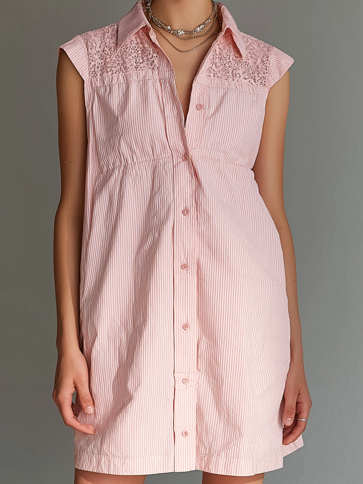 Chic Elegant Pink-White Cotton-Linen Pinstripe Lapel-Collar Sleeveless Single-Breasted Lace Detail A-Line Mini Dress