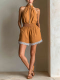 Chic Elegant Caramel Brown Cotton-Linen Blend Halter Sleeveless Zipper-Front Elastic-Waist Lace Trim Detail Romper