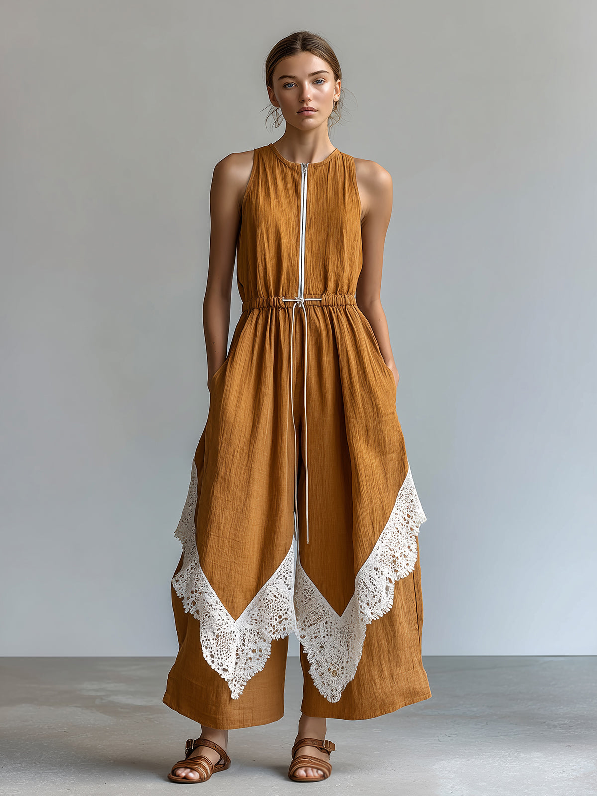Chic Elegant Caramel Brown Cotton-Linen Blend Round-Neck Sleeveless Zipper-Front Drawstring-Waist Lace Trim Detail Wide-Leg Jumpsuit