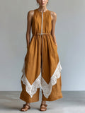 Chic Elegant Caramel Brown Cotton-Linen Blend Round-Neck Sleeveless Zipper-Front Drawstring-Waist Lace Trim Detail Wide-Leg Jumpsuit