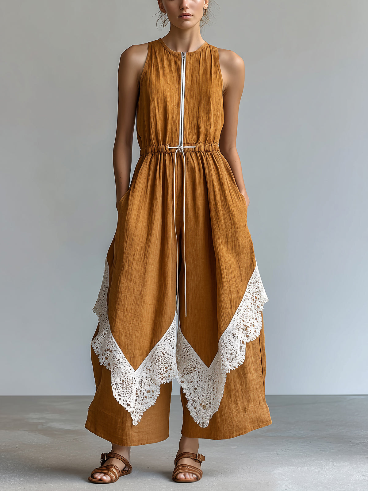 Chic Elegant Caramel Brown Cotton-Linen Blend Round-Neck Sleeveless Zipper-Front Drawstring-Waist Lace Trim Detail Wide-Leg Jumpsuit