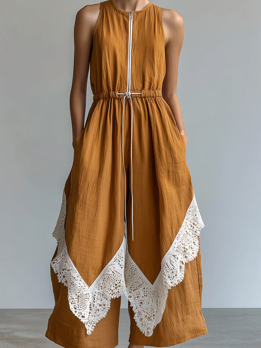 Chic Elegant Caramel Brown Cotton-Linen Blend Round-Neck Sleeveless Zipper-Front Drawstring-Waist Lace Trim Detail Wide-Leg Jumpsuit