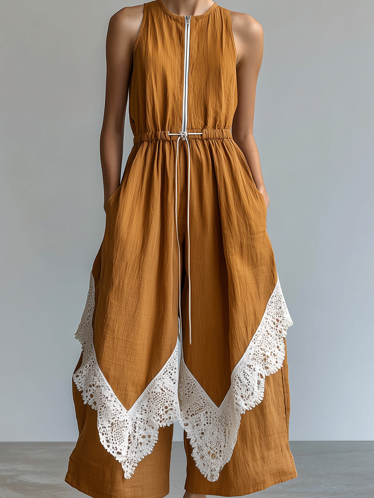 Chic Elegant Caramel Brown Cotton-Linen Blend Round-Neck Sleeveless Zipper-Front Drawstring-Waist Lace Trim Detail Wide-Leg Jumpsuit