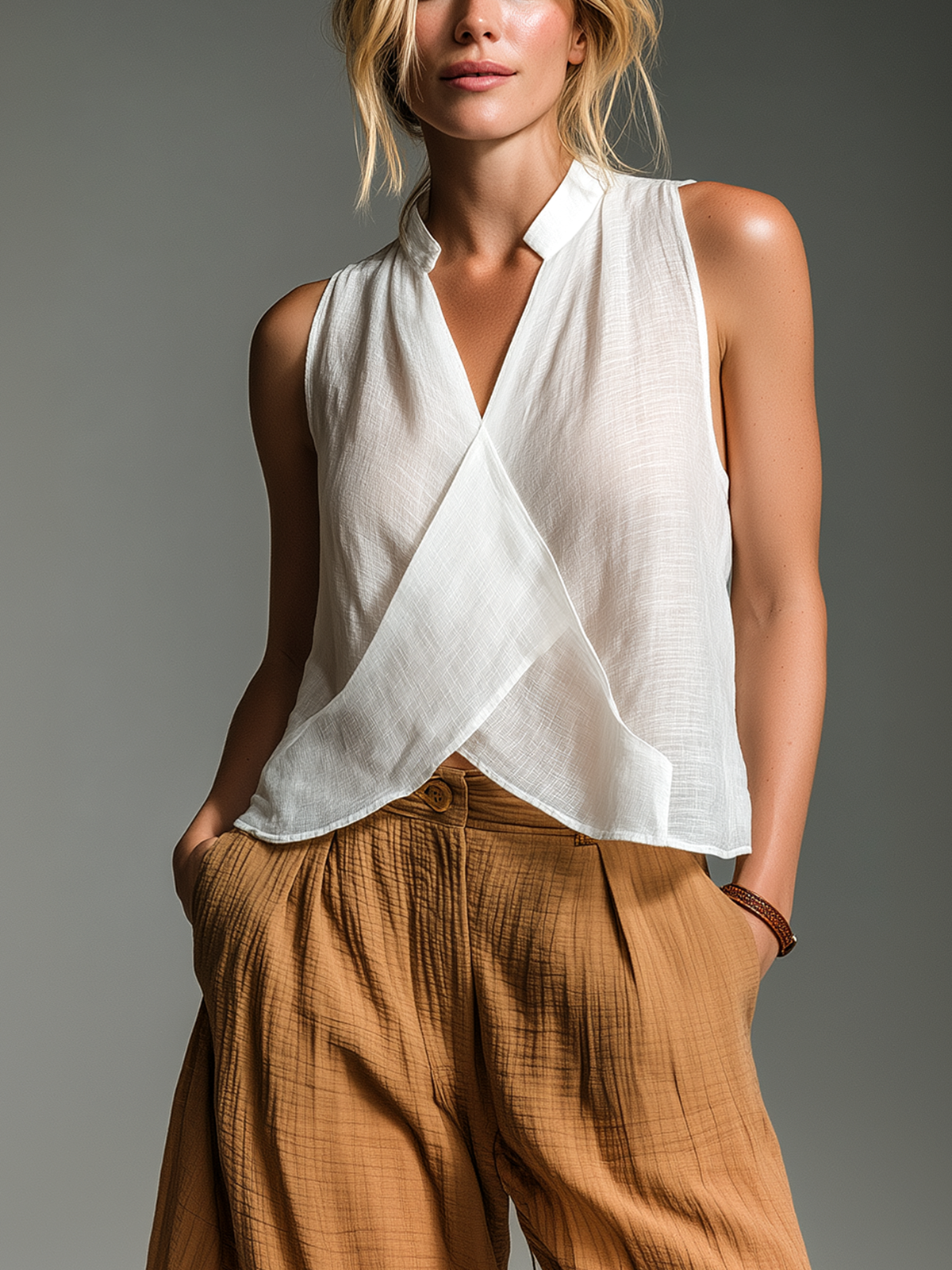 Chic Casual White Stand-Collar Cross Front Sleeveless Loose-Fit Cotton-Linen Blend Shirt Top