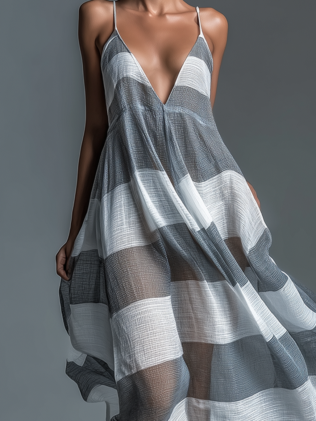 Chic Elegant Grey-White Stripes Spaghetti Straps V-Neck Sleeveless Loose-Fit A-Line Beach Cover-Up Sheer Cotton Blend Maxi Dress