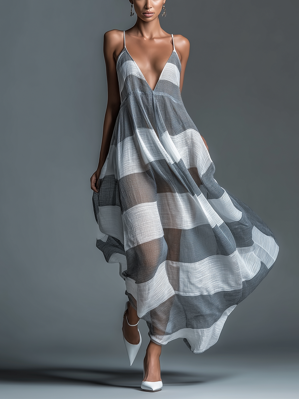 Chic Elegant Grey-White Stripes Spaghetti Straps V-Neck Sleeveless Loose-Fit A-Line Beach Cover-Up Sheer Cotton Blend Maxi Dress