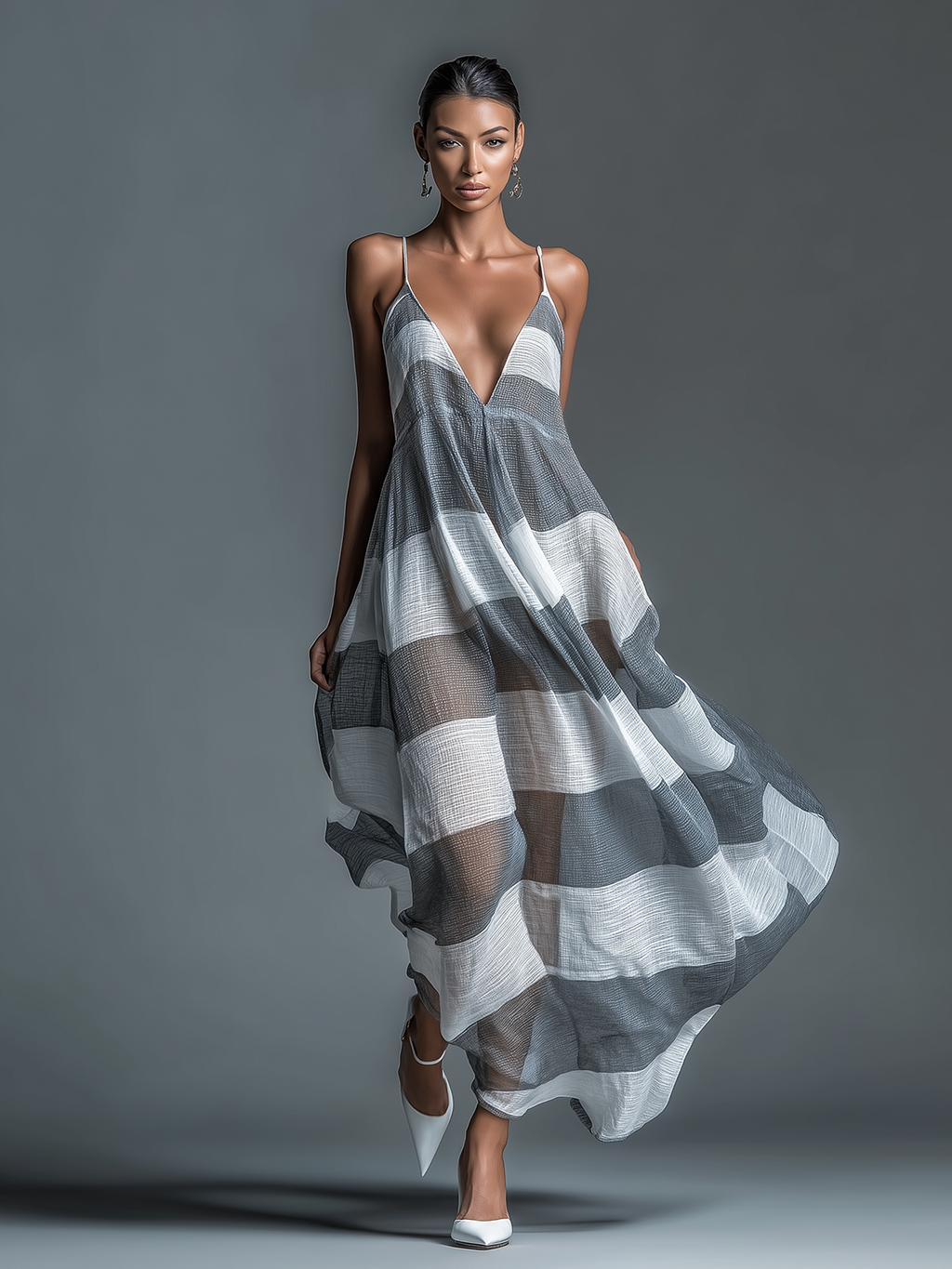 Chic Elegant Grey-White Stripes Spaghetti Straps V-Neck Sleeveless Loose-Fit A-Line Beach Cover-Up Sheer Cotton Blend Maxi Dress