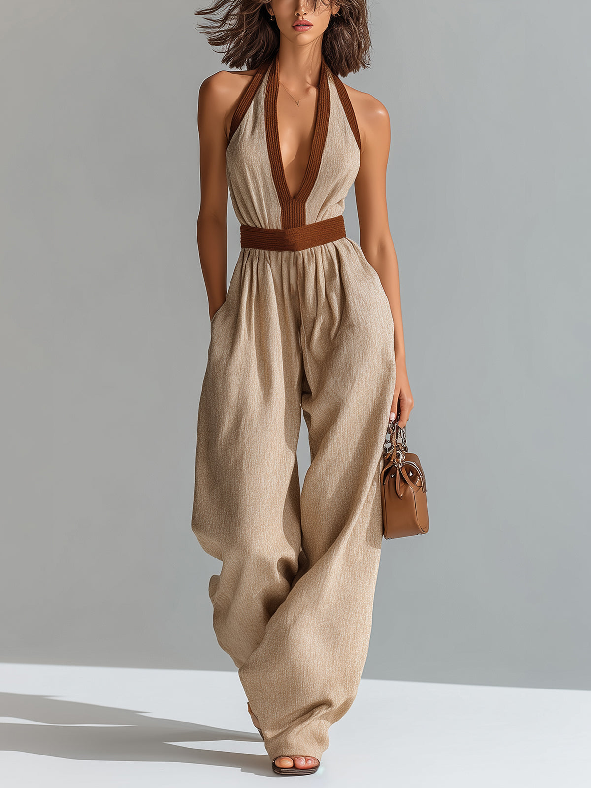 Chic Elegant Beige-Brown Colorblock Cotton-Linen Blend Halter V-Neck Sleeveless Tailored-Waist Wide-Leg Jumpsuit