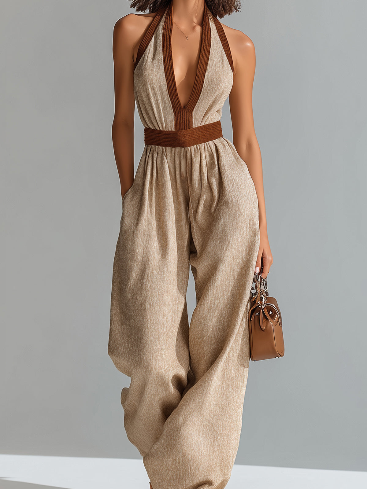 Chic Elegant Beige-Brown Colorblock Cotton-Linen Blend Halter V-Neck Sleeveless Tailored-Waist Wide-Leg Jumpsuit