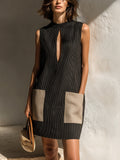 Chic Elegant Black Pinstripe Cotton-Linen Blend Round-Neck Sleeveless Cutout Detail Patch Pockets A-Line Loose-Fit Mini Dress