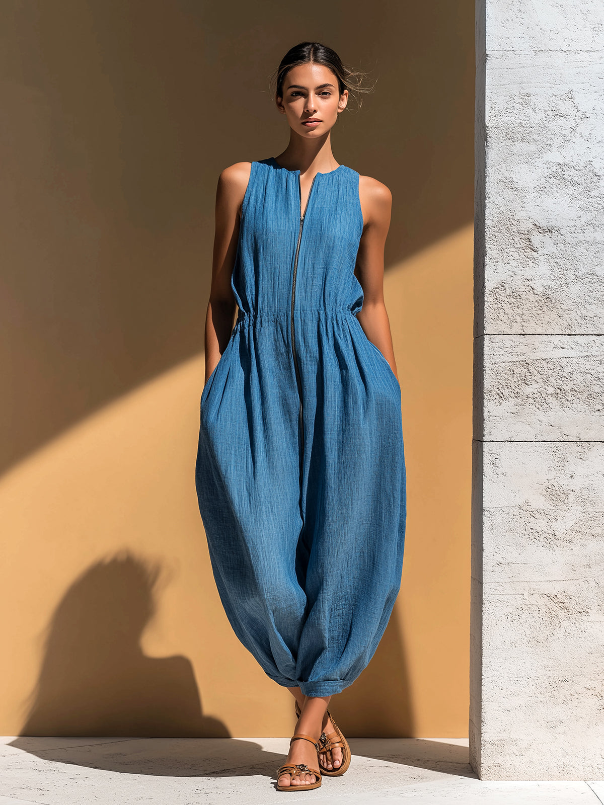 Chic Elegant Blue Linen Blend Round-Neck Zipper-Front Sleeveless Oversize Cuffed Jumpsuit