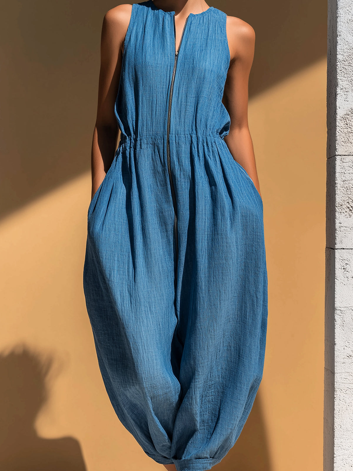 Chic Elegant Blue Linen Blend Round-Neck Zipper-Front Sleeveless Oversize Cuffed Jumpsuit