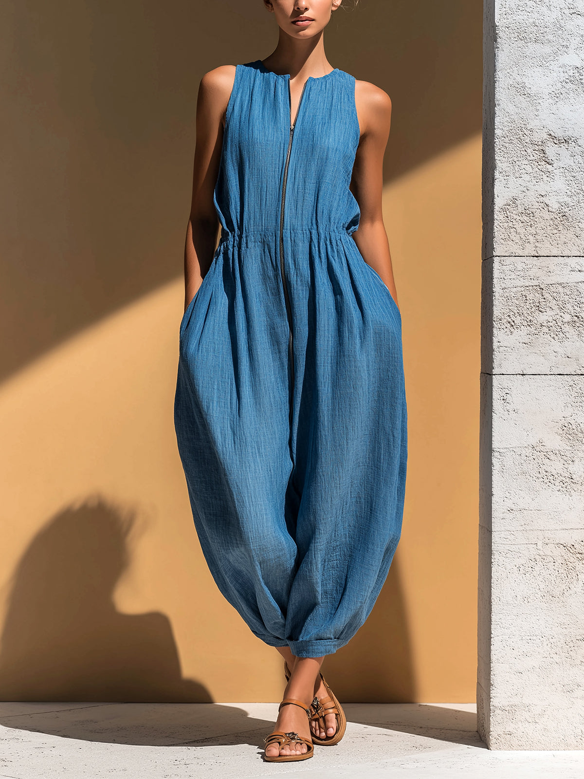 Chic Elegant Blue Linen Blend Round-Neck Zipper-Front Sleeveless Oversize Cuffed Jumpsuit