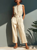 Chic Elegant Cream White Cotton-Linen Blend Round-Neck Button-Front Sleeveless Tailored-Waist Loose-Fit Jumpsuit