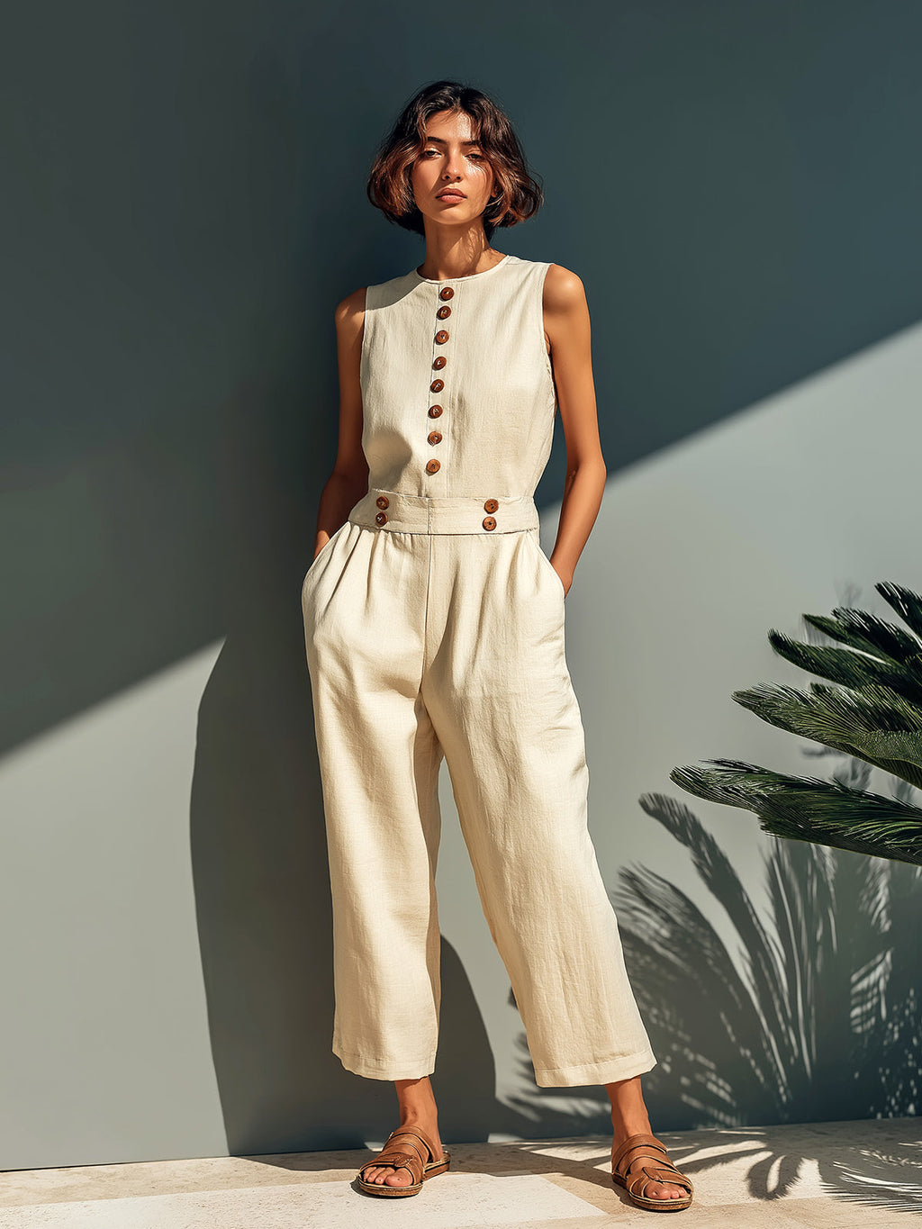 Chic Elegant Cream White Cotton-Linen Blend Round-Neck Button-Front Sleeveless Tailored-Waist Loose-Fit Jumpsuit