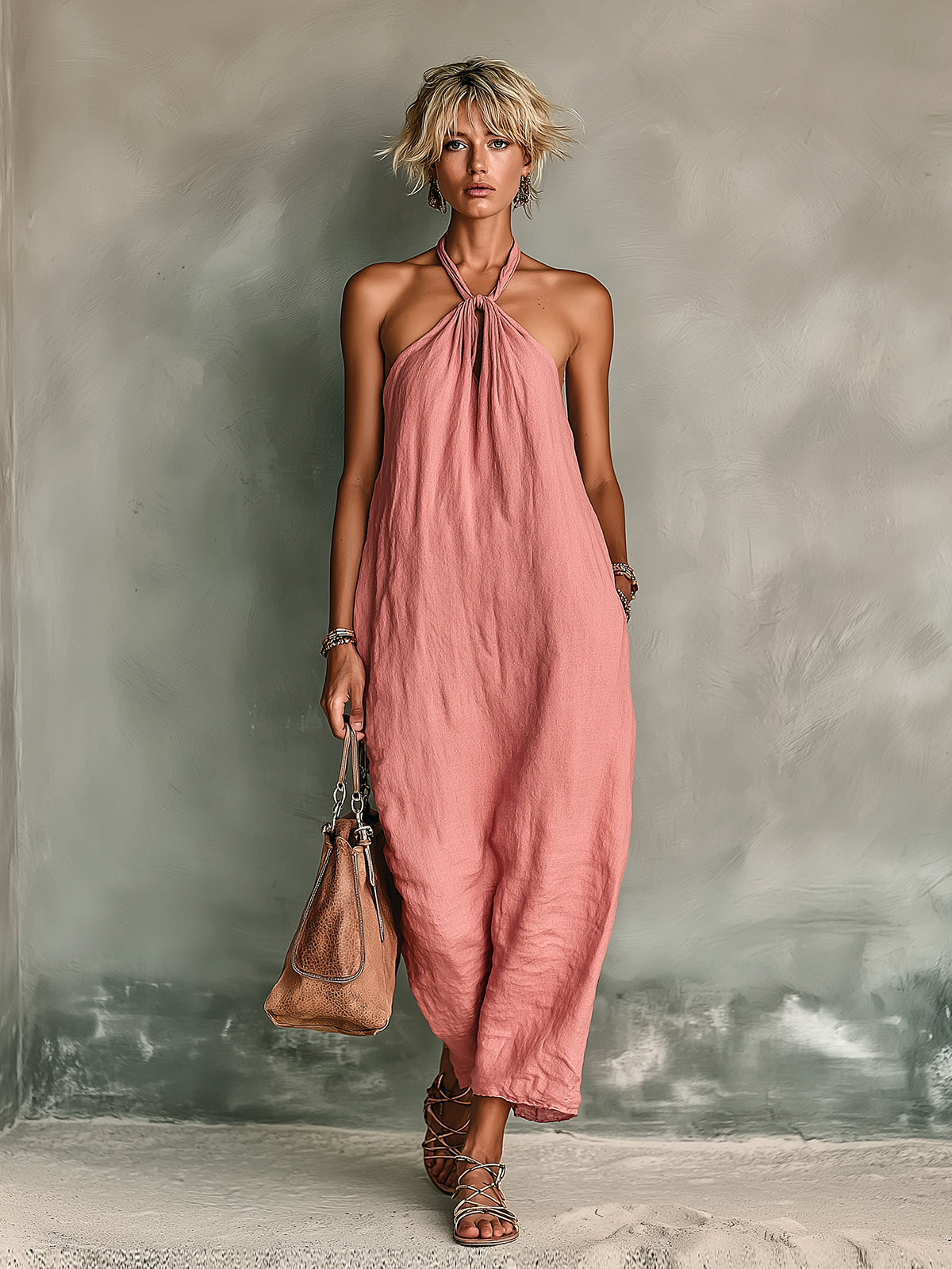 Chic Elegant Dark Pink Cotton-Linen Blend Halter-Neck Sleeveless Loose-Fit Midi Dress