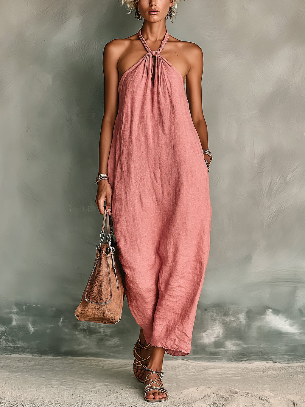 Chic Elegant Dark Pink Cotton-Linen Blend Halter-Neck Sleeveless Loose-Fit Midi Dress