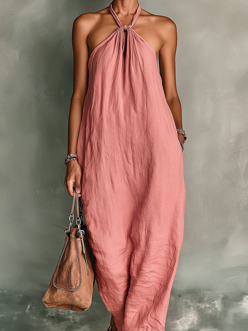 Chic Elegant Dark Pink Cotton-Linen Blend Halter-Neck Sleeveless Loose-Fit Midi Dress
