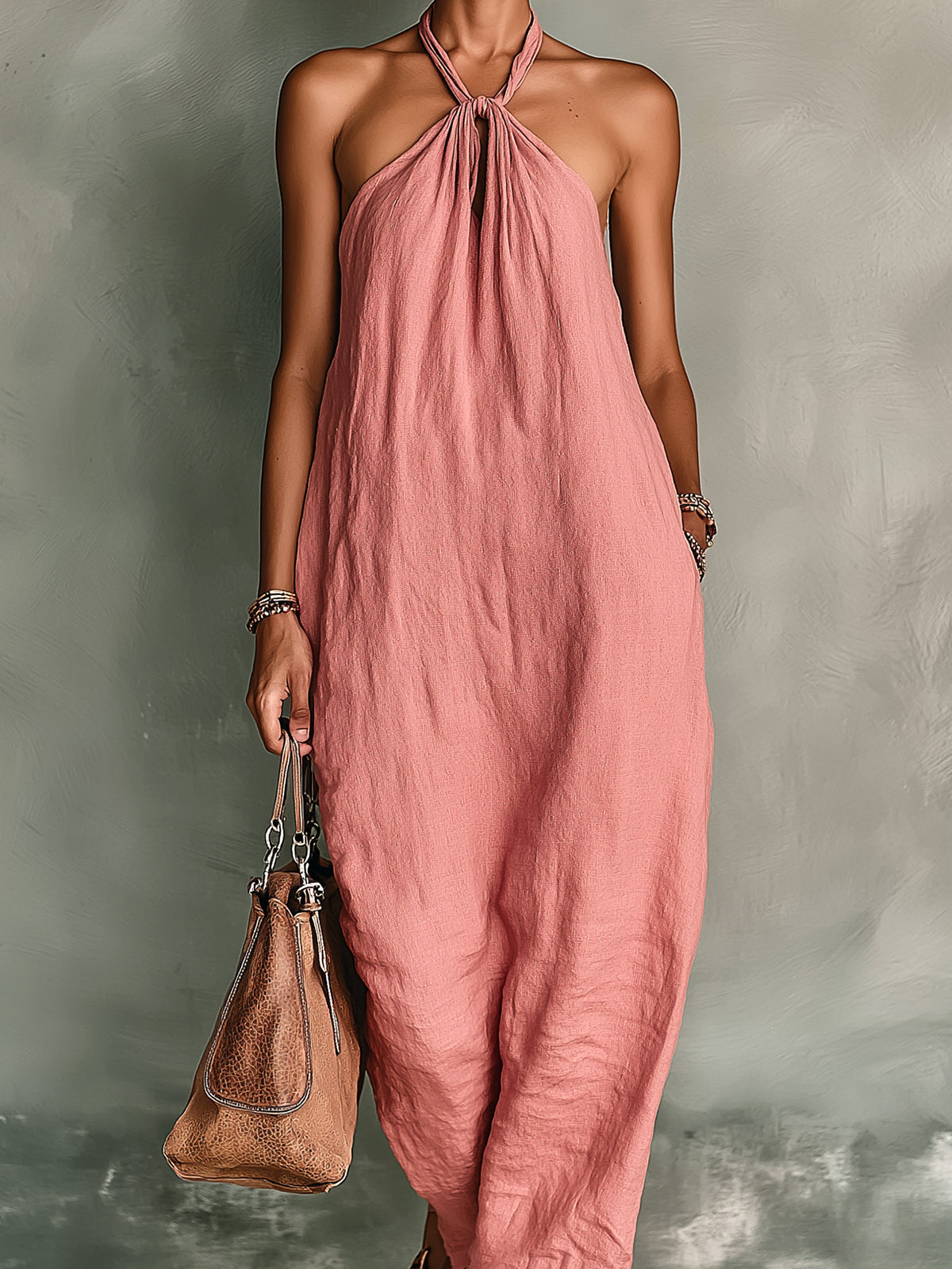 Chic Elegant Dark Pink Cotton-Linen Blend Halter-Neck Sleeveless Loose-Fit Midi Dress
