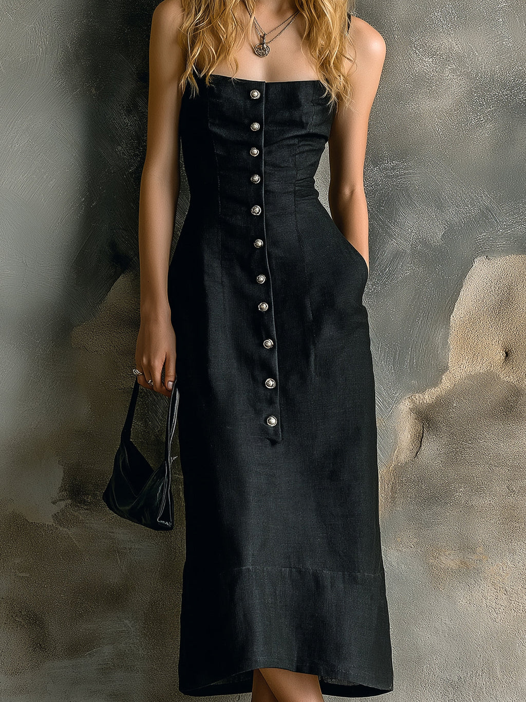 Chic Elegant Black Cotton-Linen Blend Spaghetti-Strap Sleeveless Button-Front Slim-Fit Midi Dress