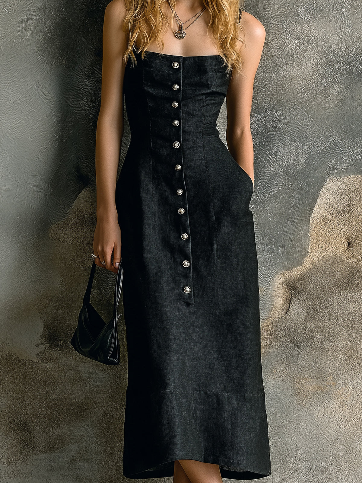 Chic Elegant Black Cotton-Linen Blend Spaghetti-Strap Sleeveless Button-Front Slim-Fit Midi Dress