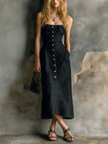 Chic Elegant Black Cotton-Linen Blend Spaghetti-Strap Sleeveless Button-Front Slim-Fit Midi Dress