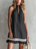 Chic Elegant Black-White Stripes Cotton-Linen Blend Halter Sleeveless Lace Trim Detail Loose-Fit Mini Dress