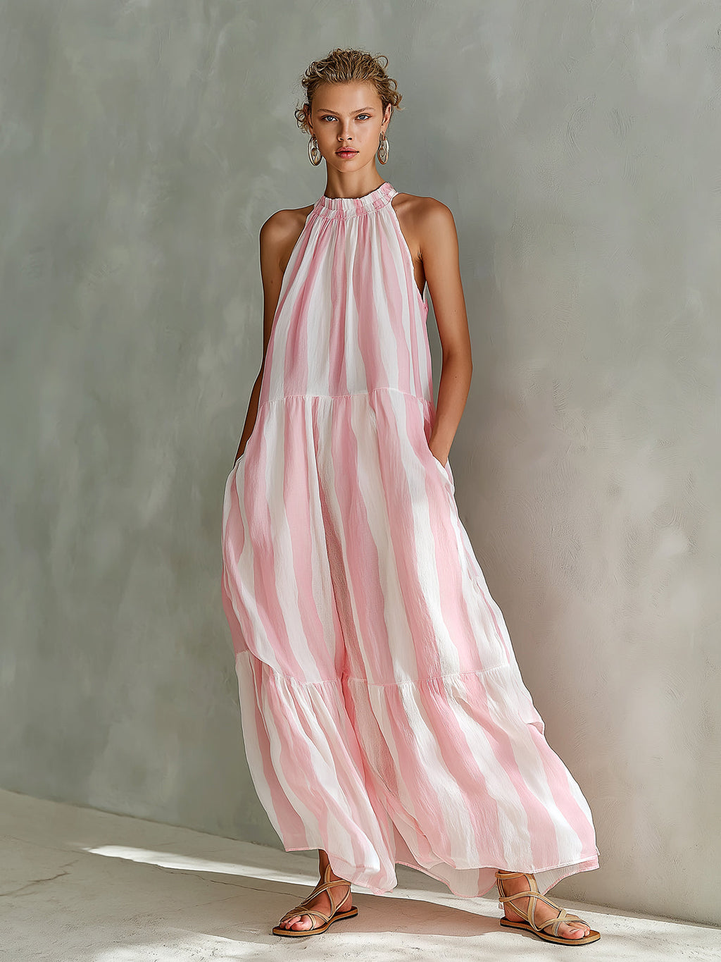 Chic Elegant Pink-White Stripes Chiffon Halter-Neck Sleeveless A-Line Loose-Fit Holiday Maxi Dress