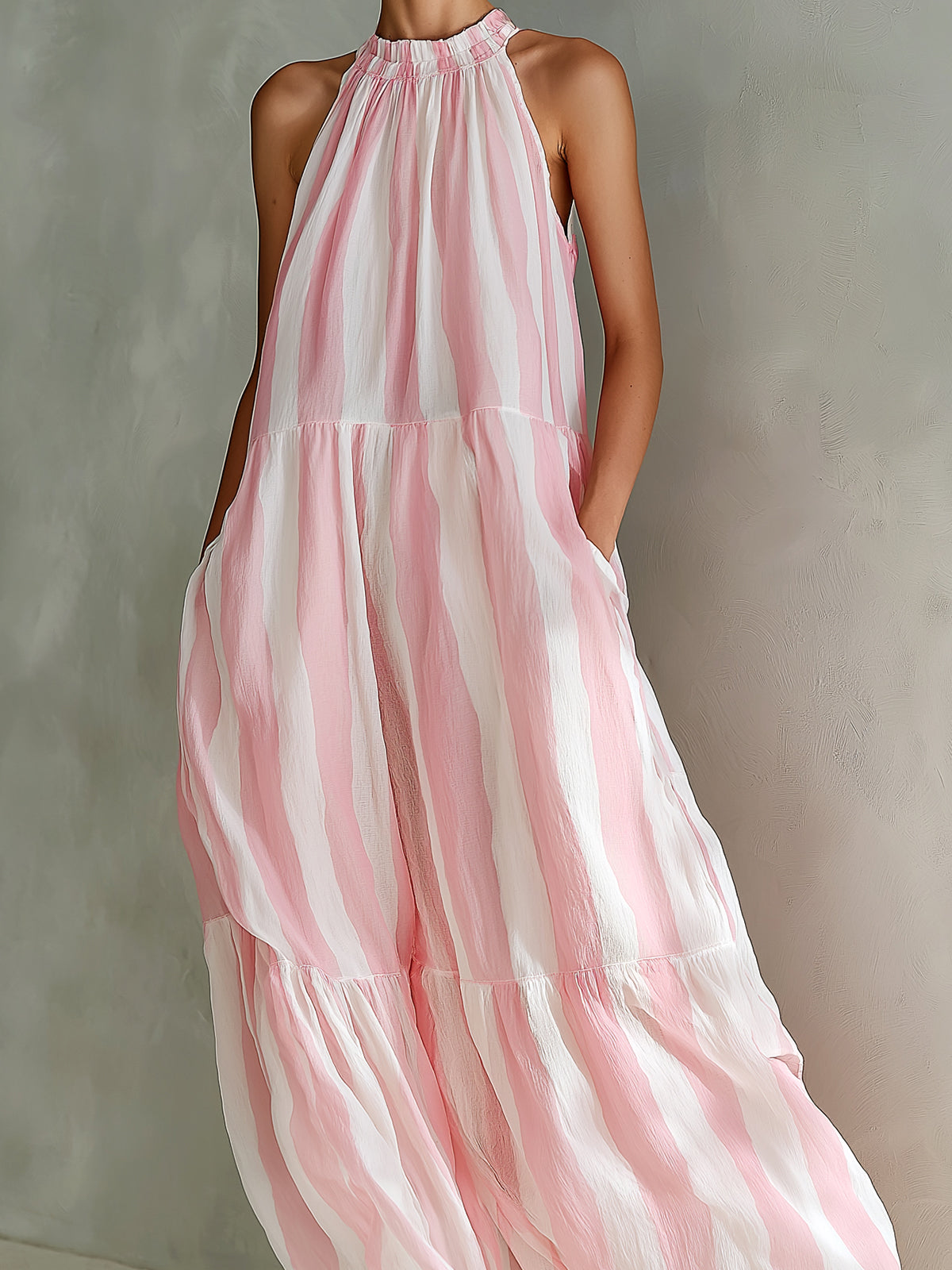 Chic Elegant Pink-White Stripes Chiffon Halter-Neck Sleeveless A-Line Loose-Fit Holiday Maxi Dress