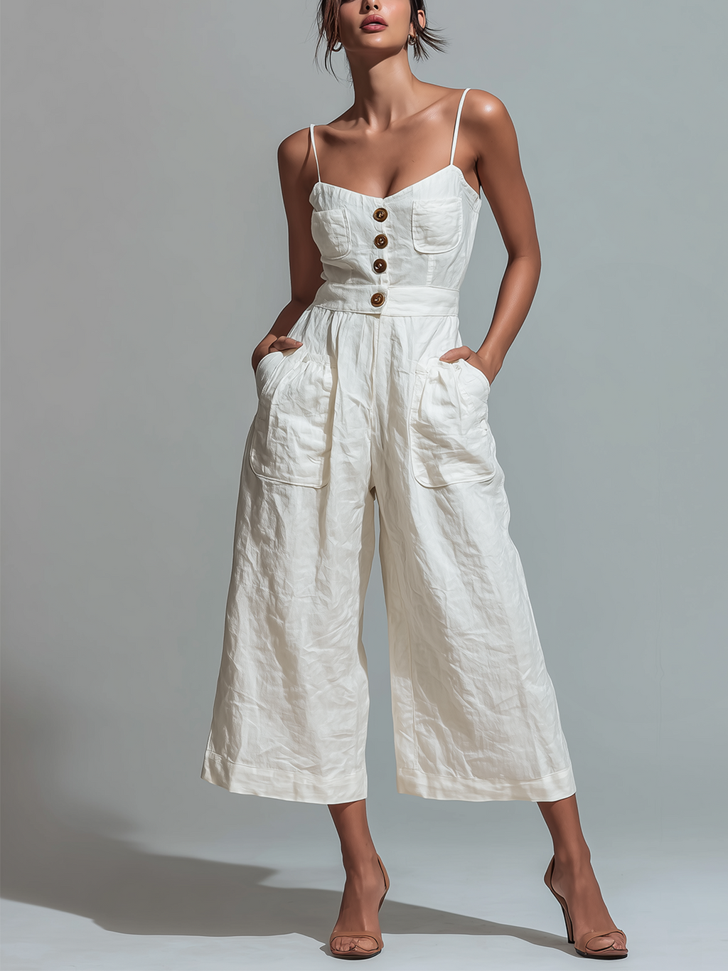 Chic Casual White Spaghetti Straps Button-Front Sleeveless Patch Pocket Cropped  Wide Leg Crinkled Cotton Blend Jumpsuit